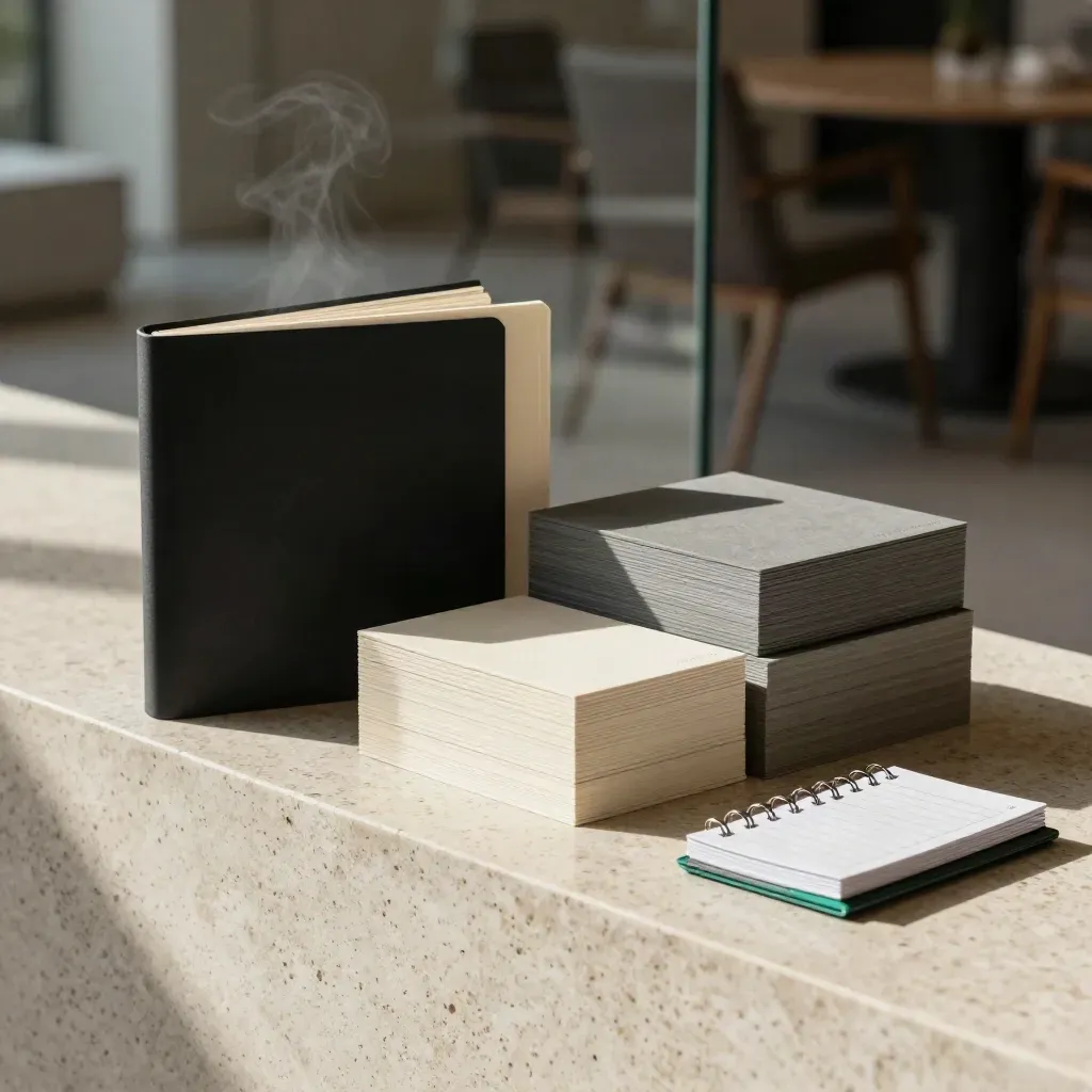 Black and cream sales funnel kit on travertine with emerald accent and soft steam