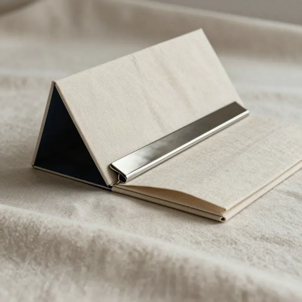 Macro of an unbranded pitch deck board half-opened on pale linen, insert slipping free.
