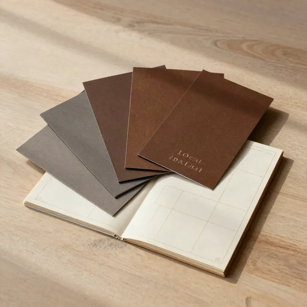 Overhead flatlay of ad planning kit with booklet, three tiles, and folded map sheet on pale wood.