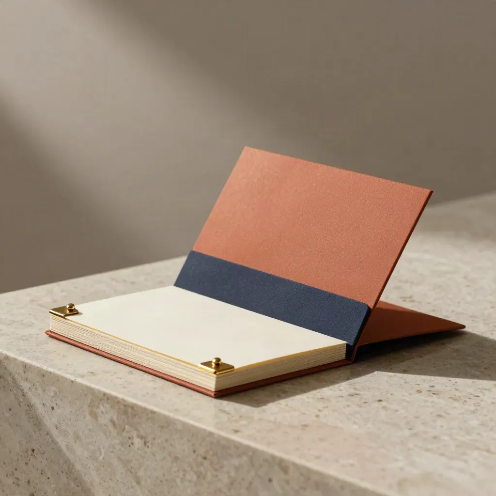 Premium investor pitch notes sleeve with brass clips on a travertine surface