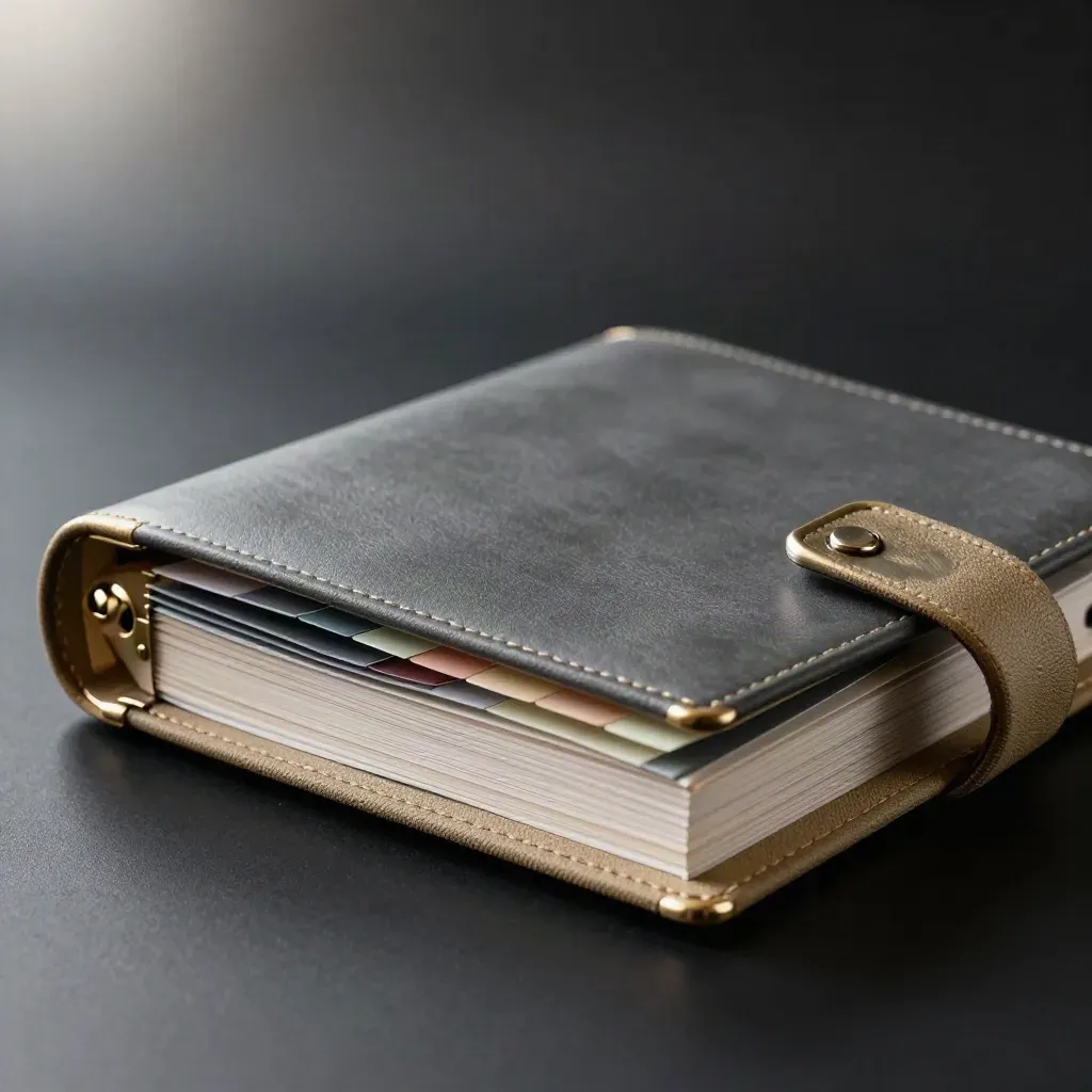 Open ring binder with color tabs and a metal clip on a dark studio surface.