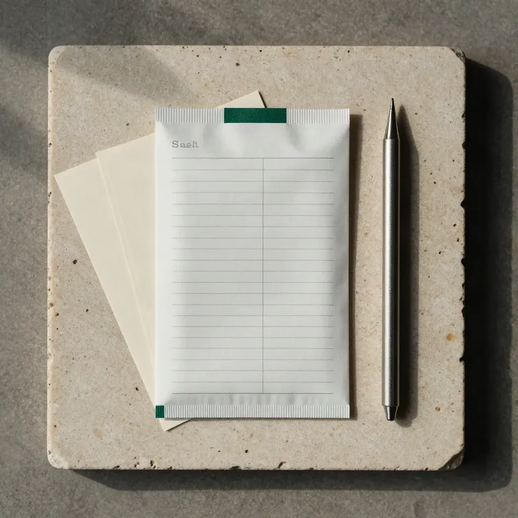 Overhead flat lay of a sales script packet, two cue cards and a brushed metal bar on pale stone.