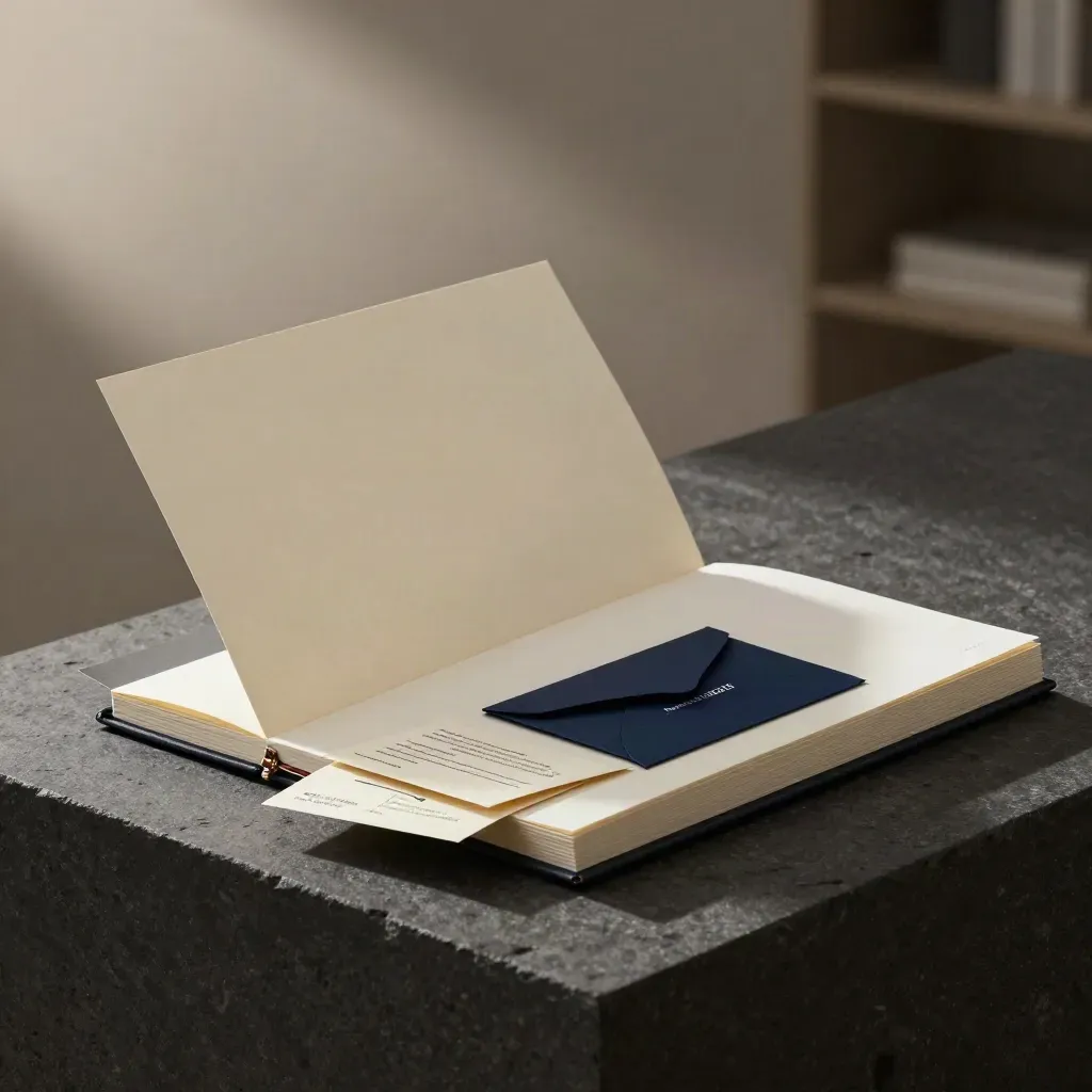Unbranded forecasting workbook with inserts, summary cards, and a sealed envelope on stone.